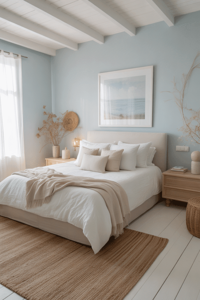 As a part of coastal bedroom aesthetic this picture shows a coastal bedroom with pale blue walls, white bedding, and jute rug.