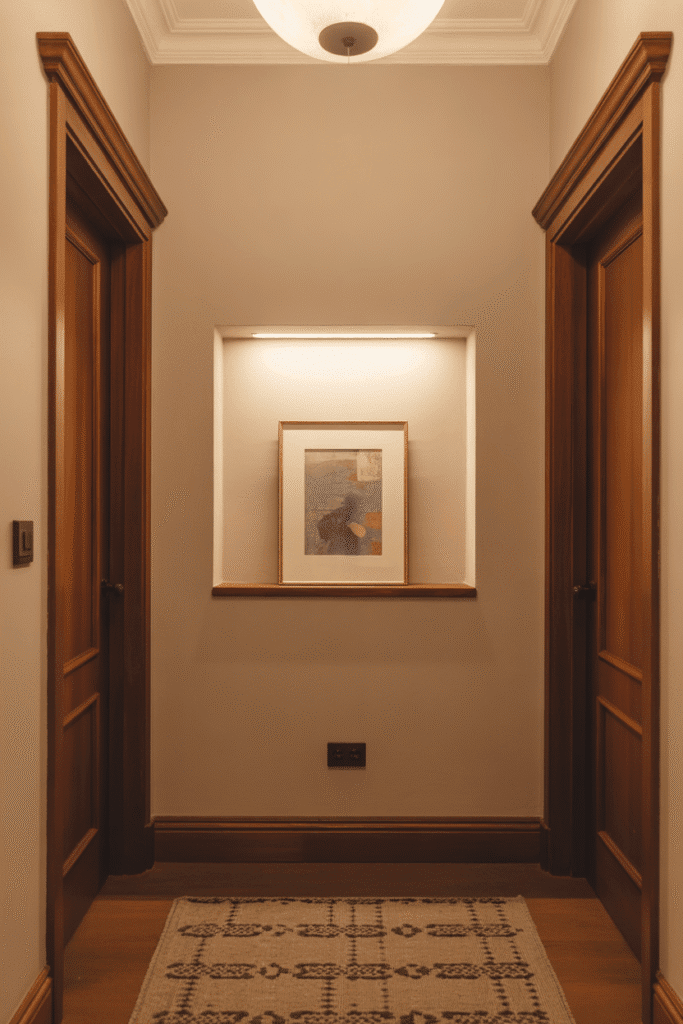 Trimmed niche adds charm and functionality to a small, narrow wall.

