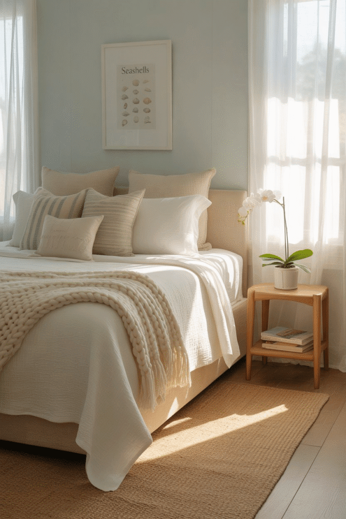 Coastal bedroom with pale blue walls, white bedding, and jute rug.