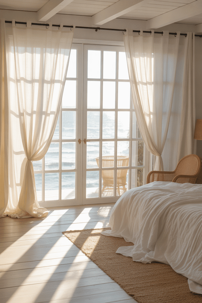 Coastal bedroom with sheer white curtains and abundant sunlight.