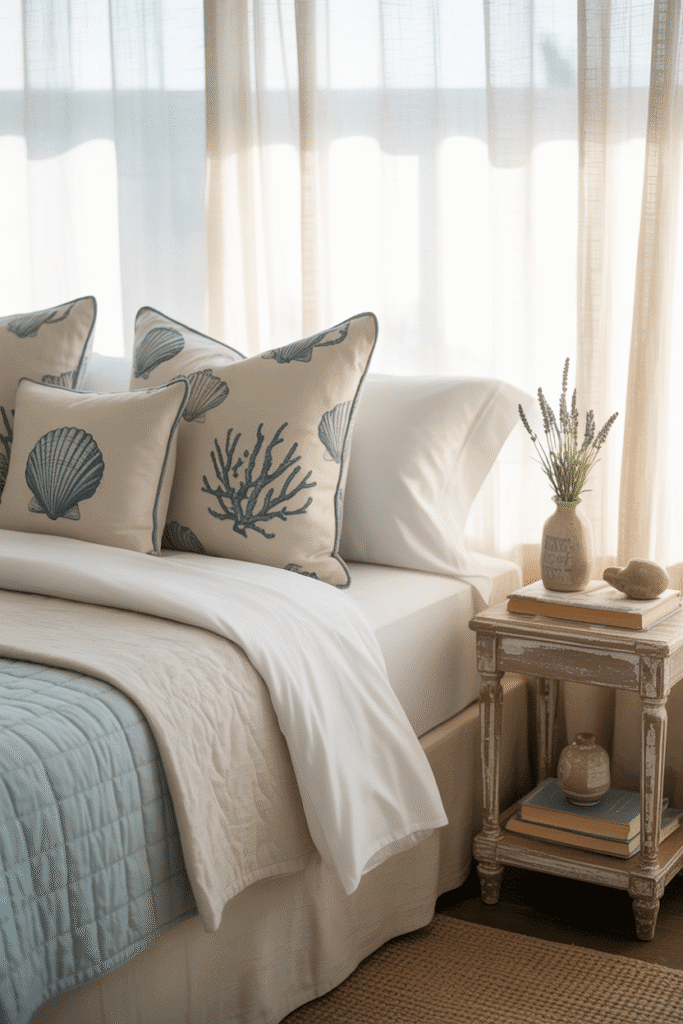 Coastal bed with layered cotton and linen bedding.