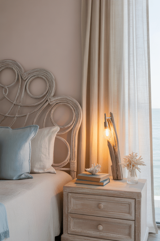 Coastal bedroom with rattan headboard and driftwood lamp.