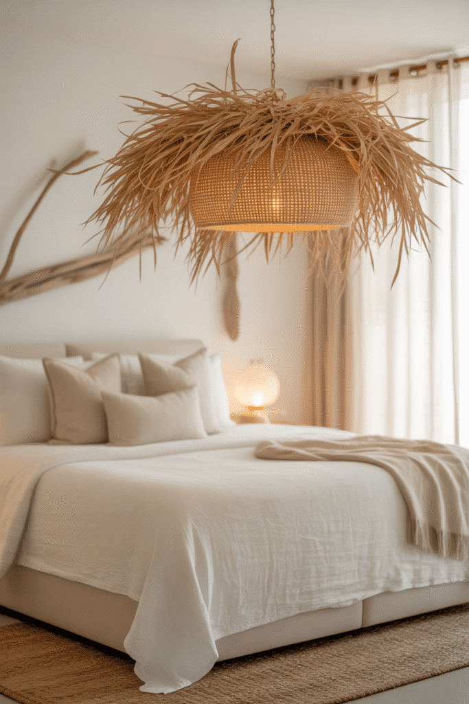 Woven seagrass pendant light in coastal bedroom.