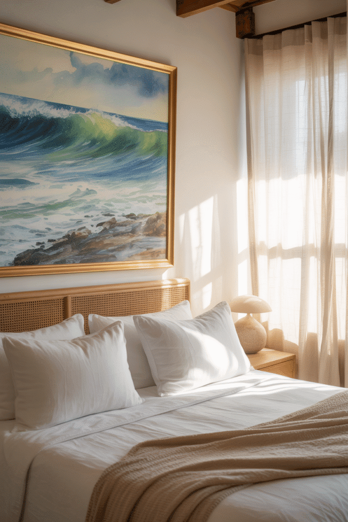 Ocean wave watercolor artwork in coastal bedroom.