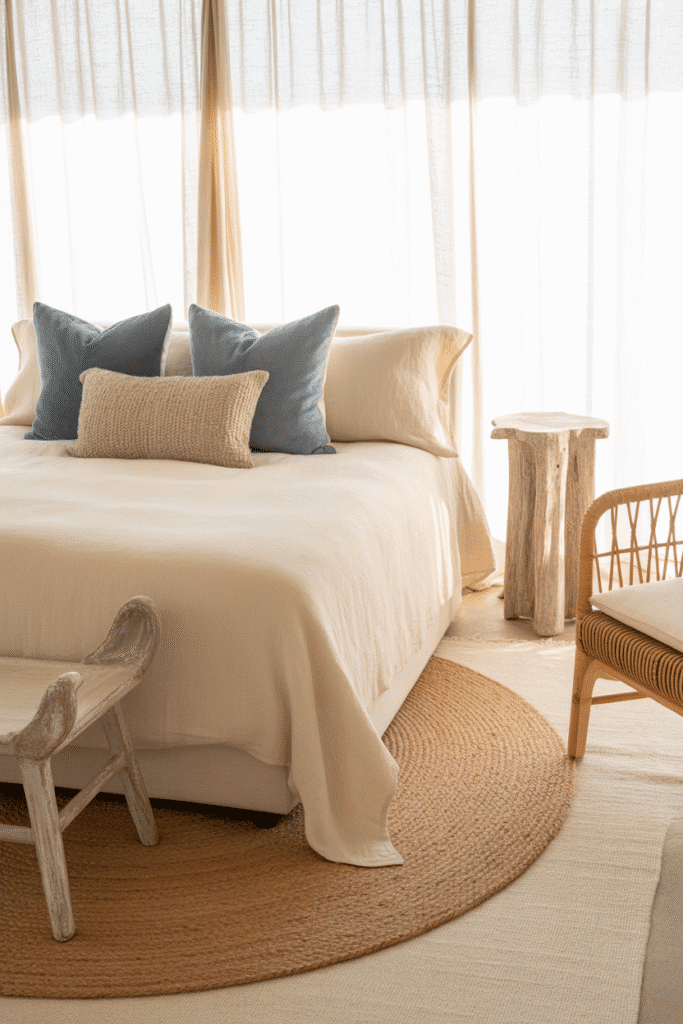 Layered jute and cotton rugs in coastal bedroom.