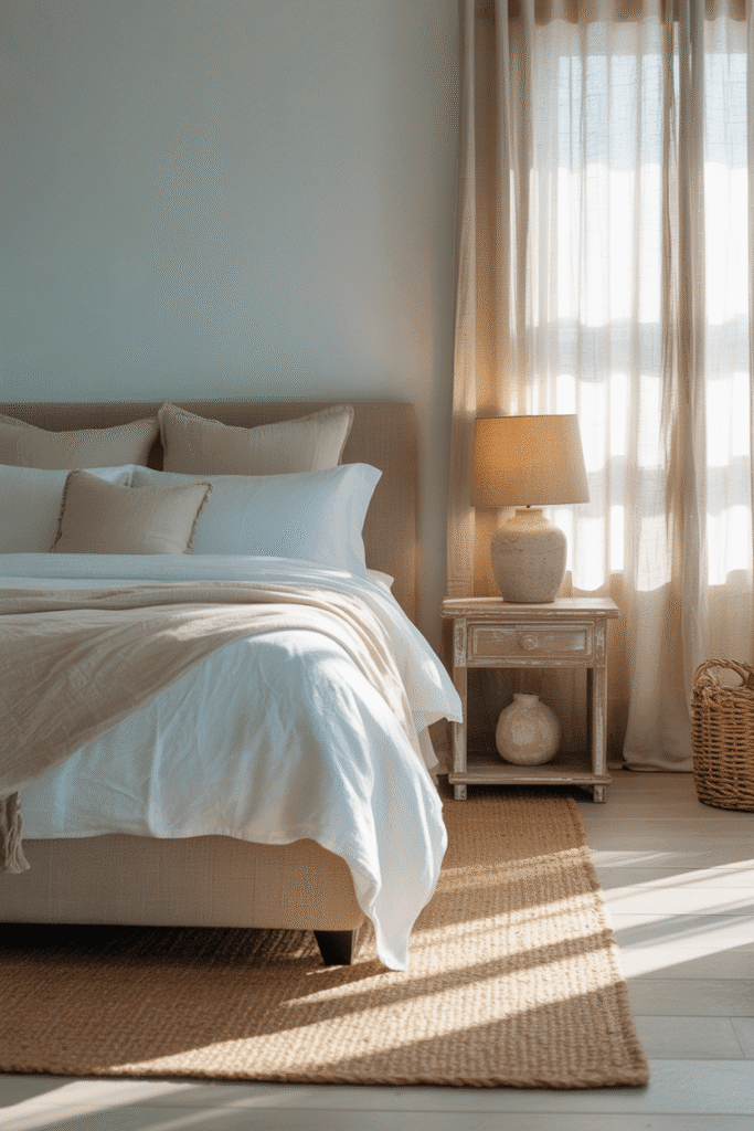 Layered jute and cotton rugs in coastal bedroom.