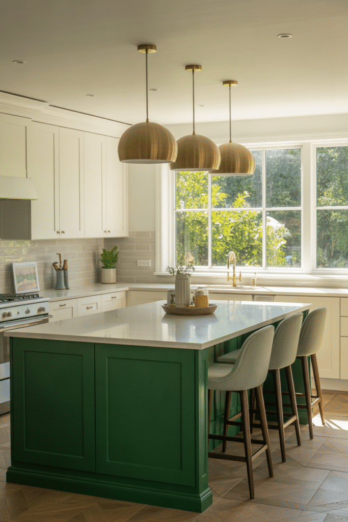 Emerald green kitchen island adds a bold focal point to a neutral space.

