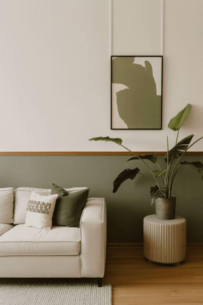 Two-tone wall divided by horizontal trim adds structure and color balance to a modern space.