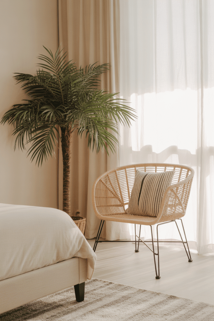 Potted palm adding greenery to coastal bedroom.