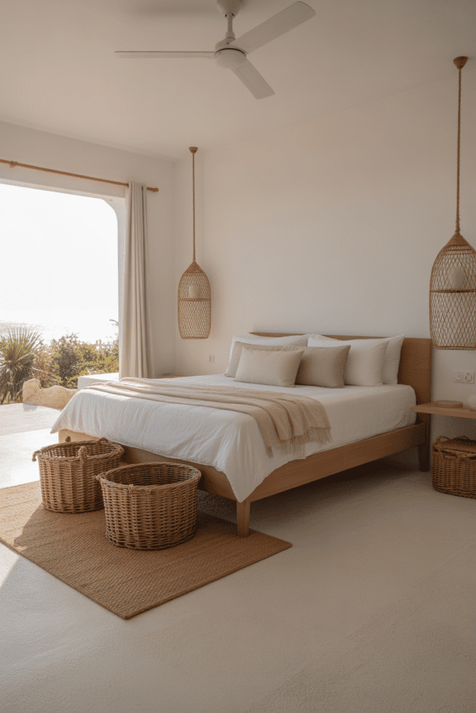 Minimalist clutter-free coastal bedroom décor.