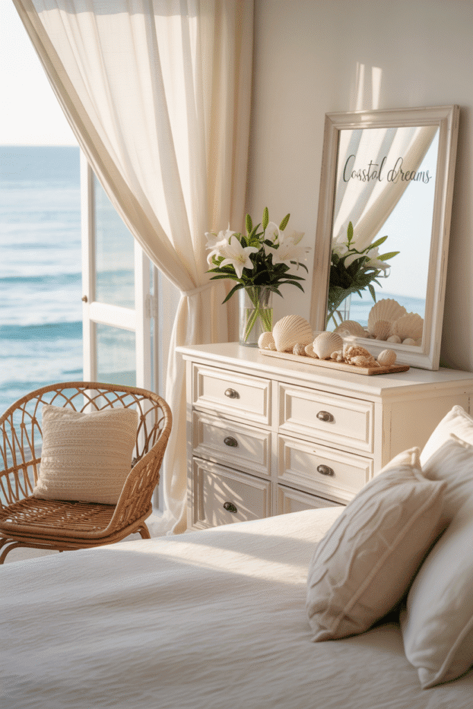 Light airy coastal bedroom furniture with rattan bench.