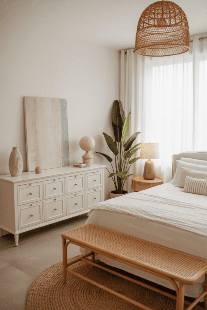 Light airy coastal bedroom furniture with rattan bench.