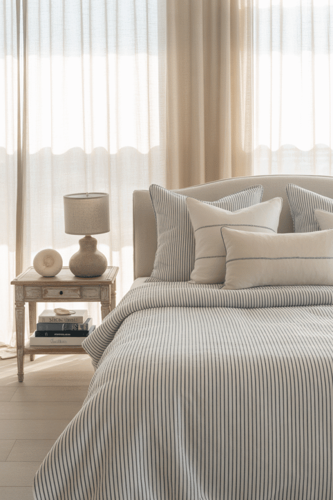 Striped bedding and nautical accents in coastal bedroom.
Striped bedding and nautical accents in coastal bedroom.