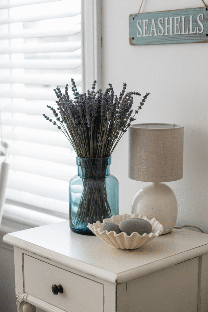 Turquoise glass vase and white ceramic lamp in coastal bedroom.