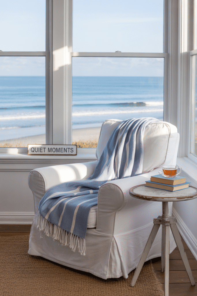 Coastal bedroom reading nook with ocean view.