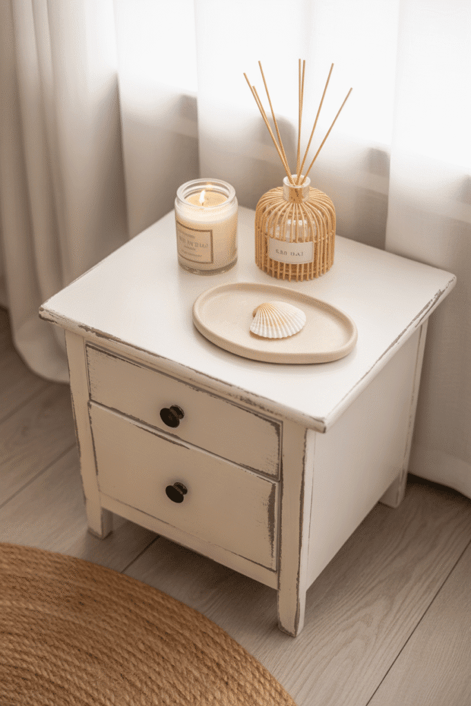 Sea salt and driftwood-scented candles in coastal bedroom.