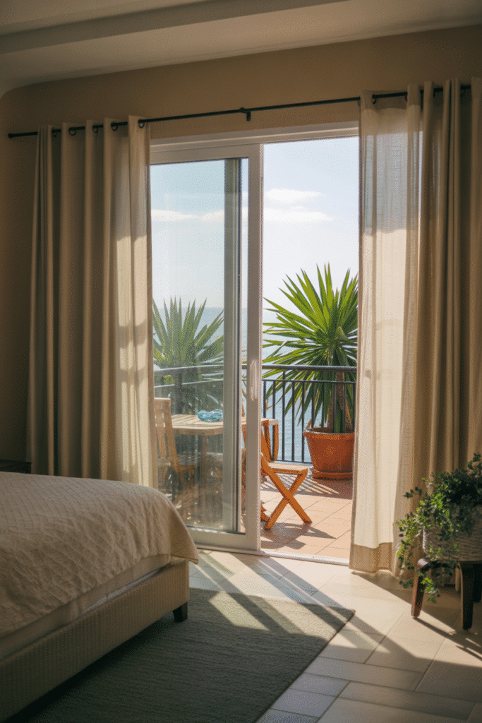 Coastal bedroom with balcony and ocean view.