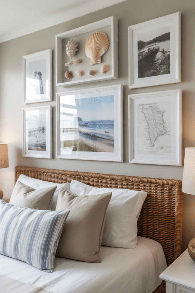 Coastal bedroom with framed beach travel memories.
