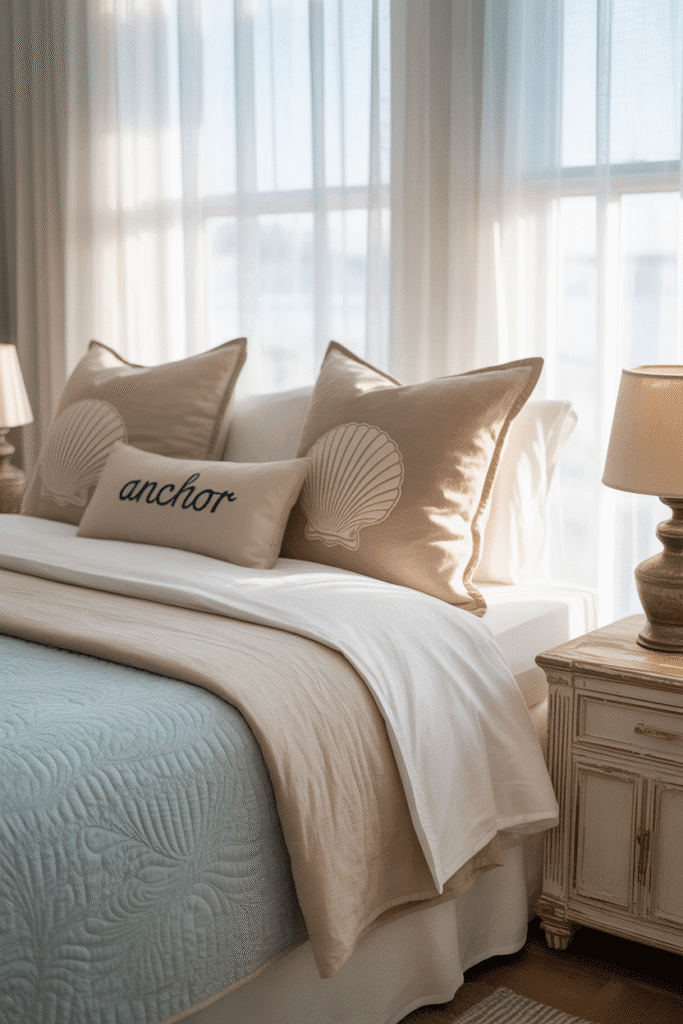 Coastal bed with layered cotton and linen bedding.