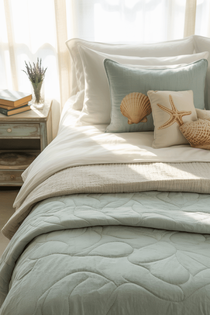 Coastal bed with layered cotton and linen bedding.
