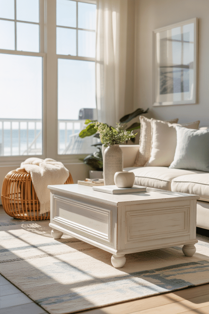 As a part of coastal apartment decor ideas this picture shows a coastal apartment with whitewashed coffee table and rattan storage ottoman.
