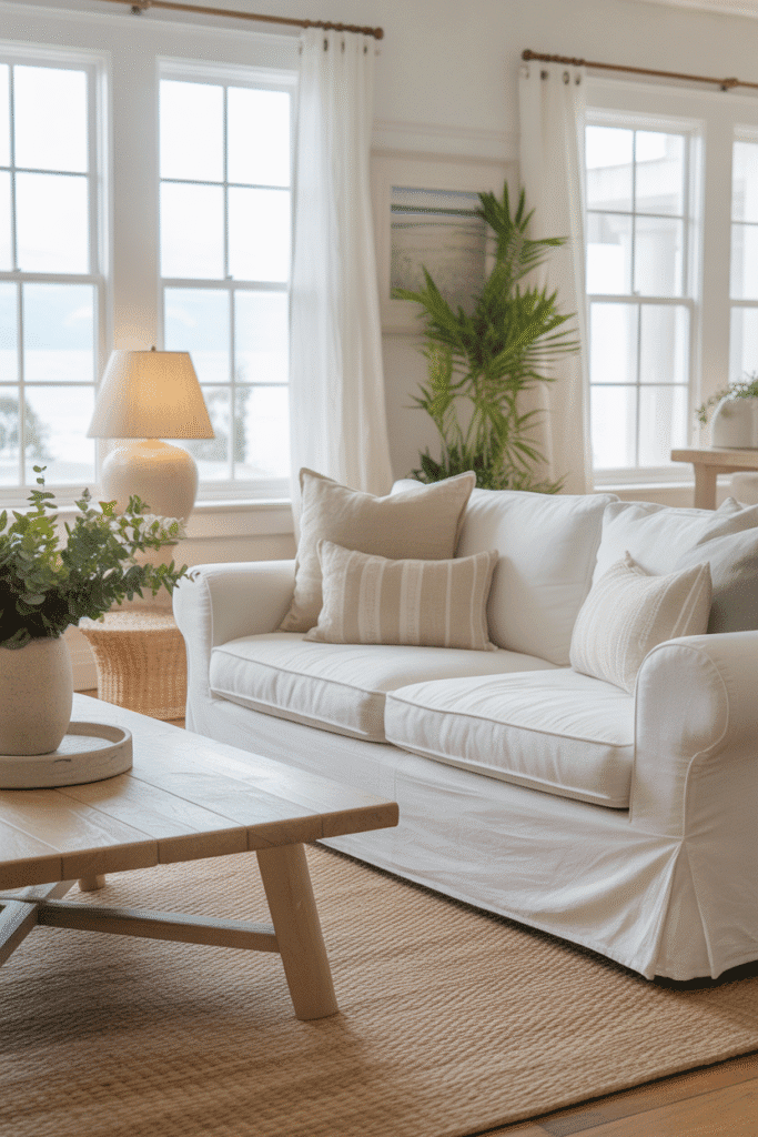 As a part of coastal living rooms ideas this picture shows a coastal living room with white sofa, beige rug, and layered neutral tones.