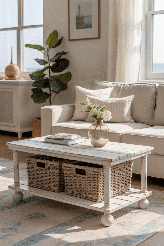 Coastal apartment with whitewashed coffee table and rattan storage ottoman.