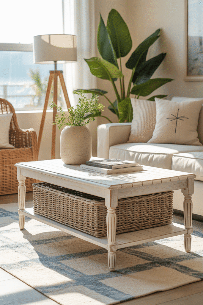 Coastal apartment with whitewashed coffee table and rattan storage ottoman.