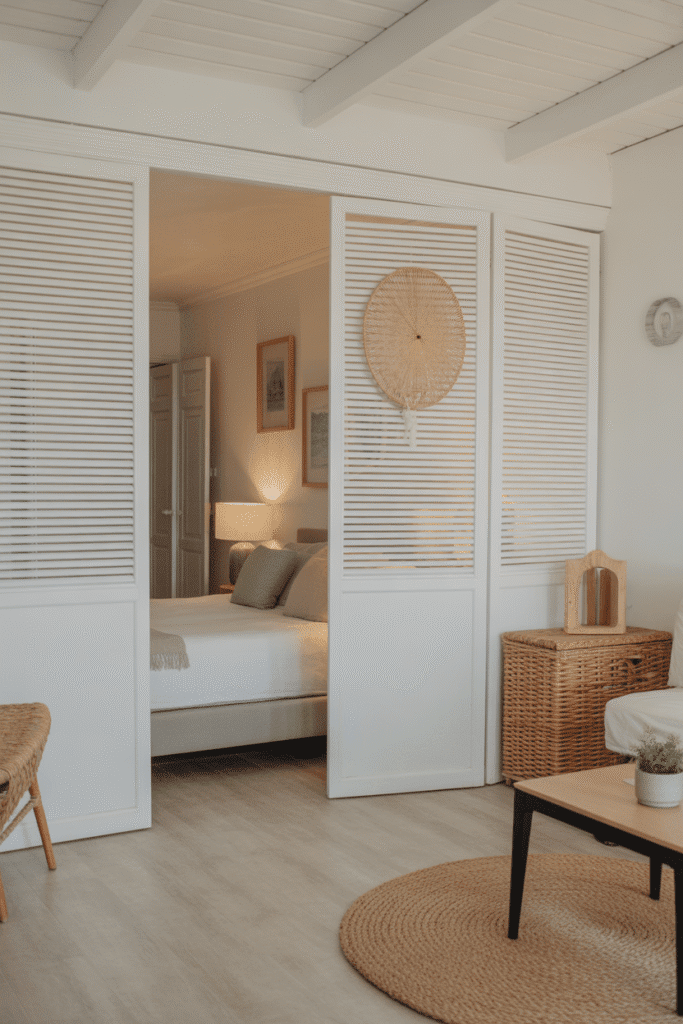 Coastal apartment studio with white shutter room divider.