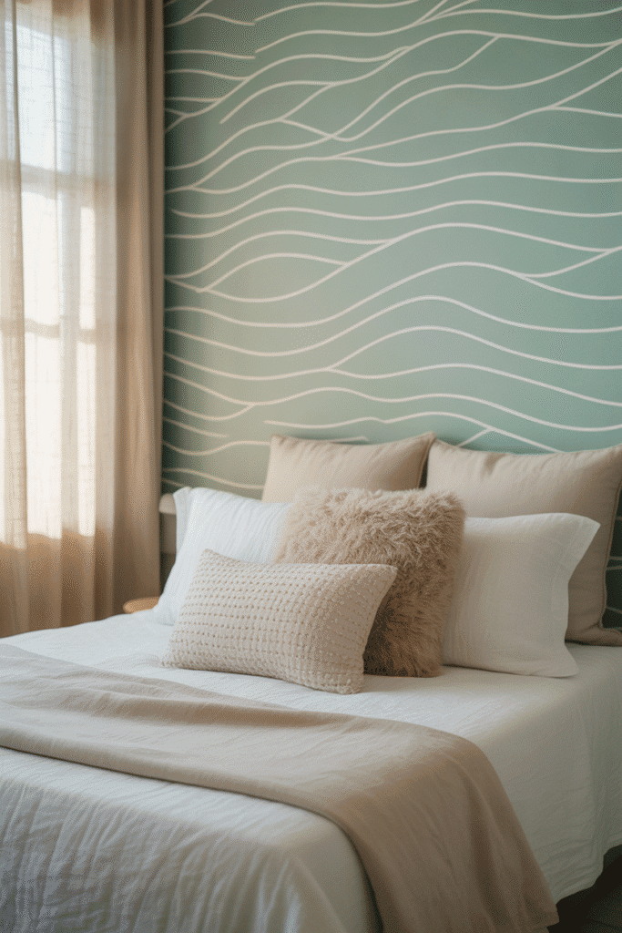 Coastal apartment bedroom with seafoam wave-pattern wallpaper.