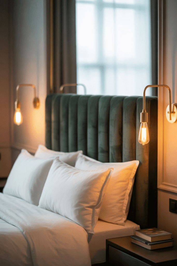 A dark green velvet headboard adds rich texture and luxury to a moody bedroom.