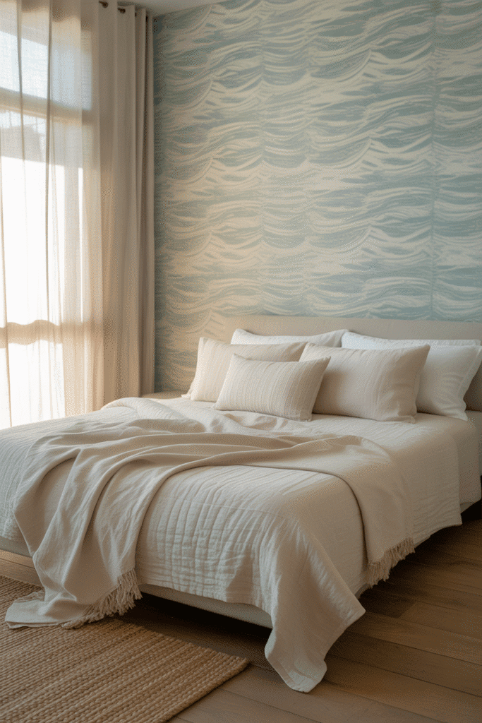 Coastal apartment bedroom with seafoam wave-pattern wallpaper.