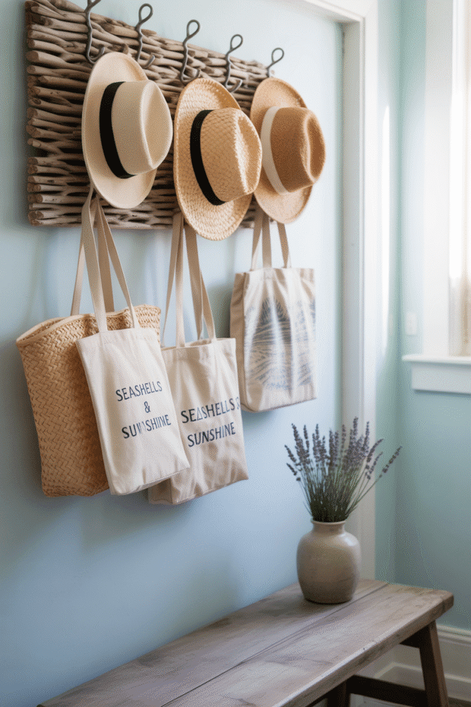 Coastal apartment entryway with driftwood wall hooks and hats.