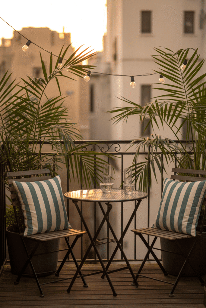 Small coastal apartment balcony with bistro set and palms.