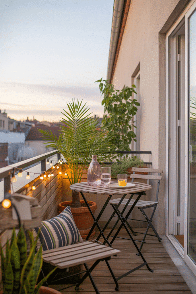 Small coastal apartment balcony with bistro set and palms.