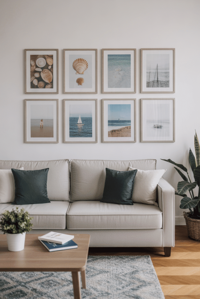 Coastal apartment gallery wall with framed seaside photos.