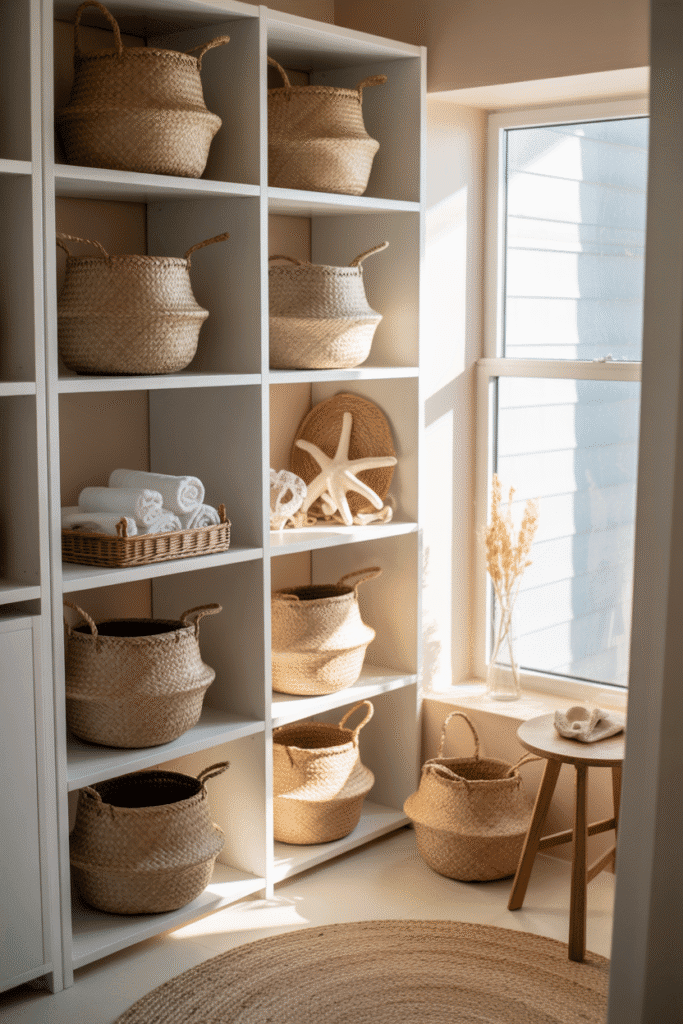 Seagrass storage baskets in small coastal apartment.