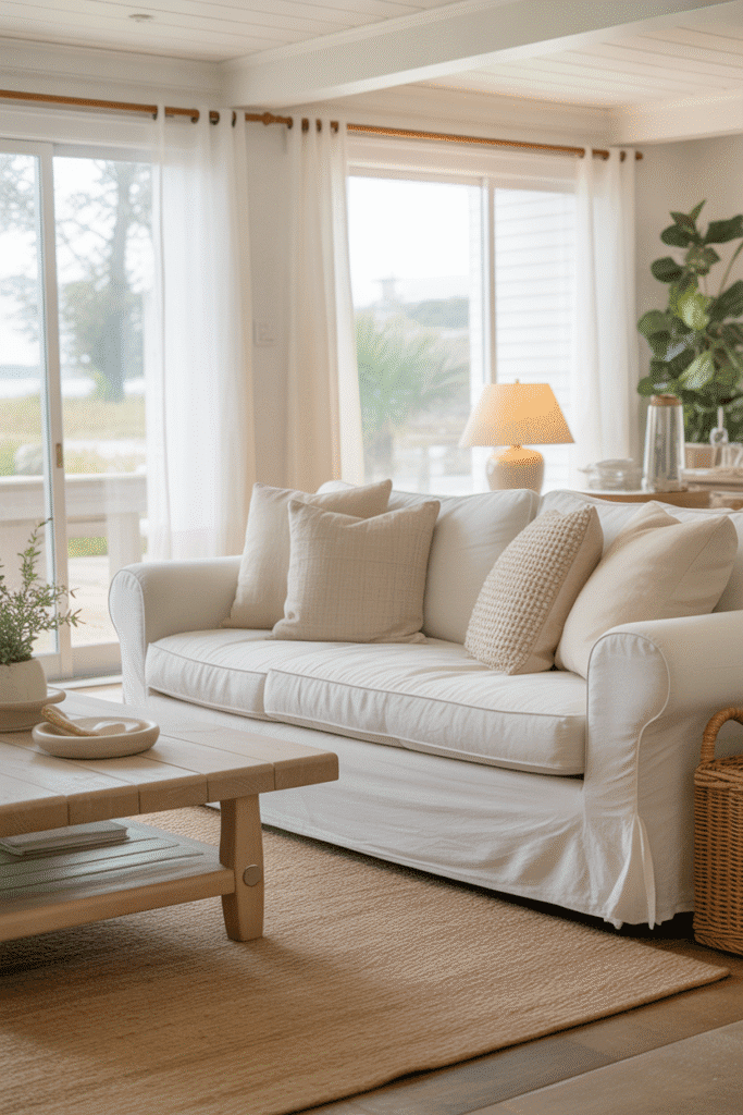 Coastal living room with white sofa, beige rug, and layered neutral tones.