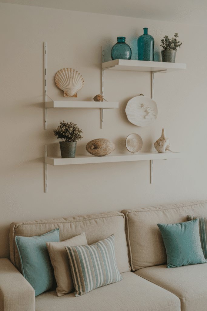 White floating shelves with coastal décor in apartment.