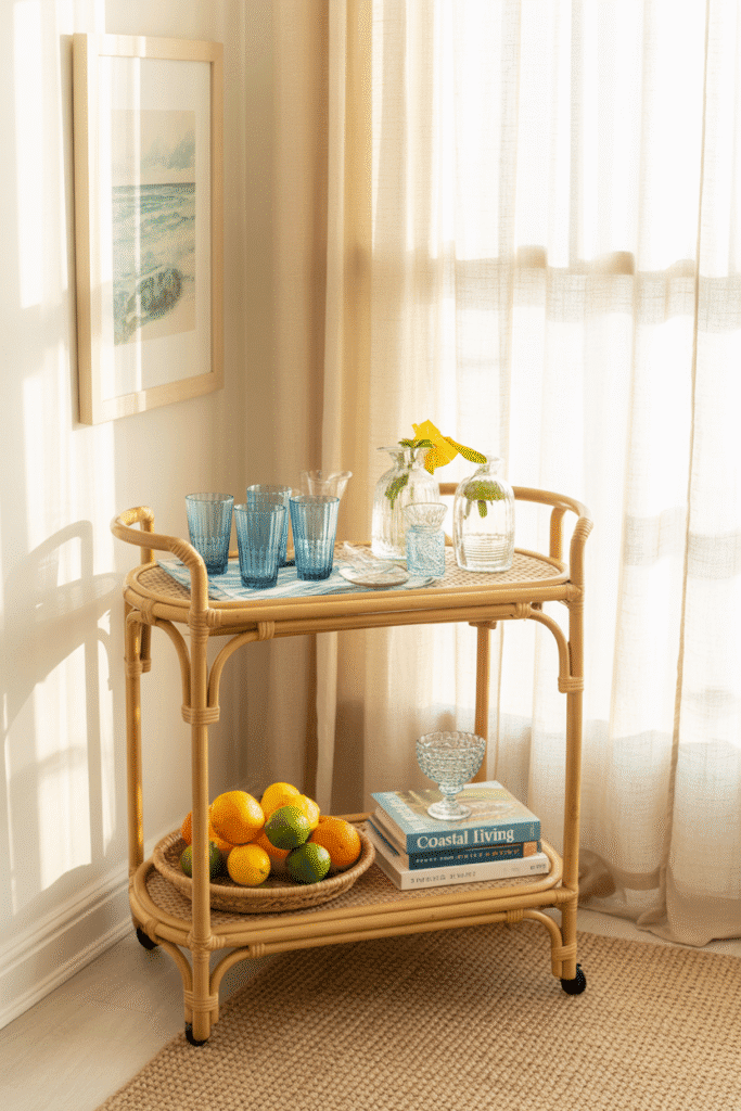 Compact rattan bar cart styled for coastal apartment décor.