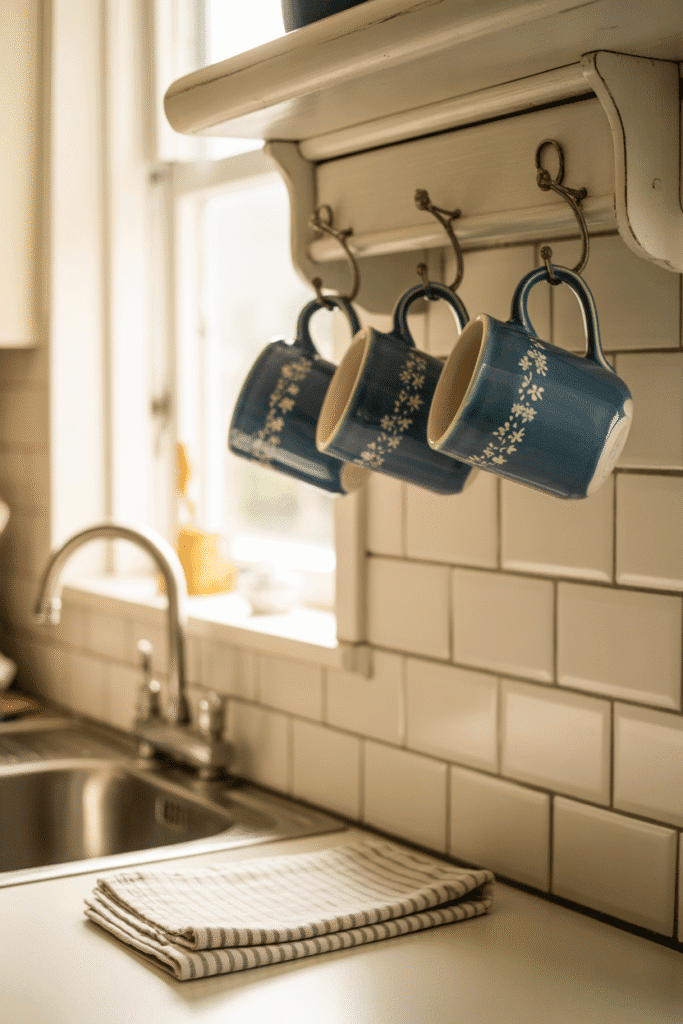 Coastal-inspired kitchen corner with blue mugs and striped towels.