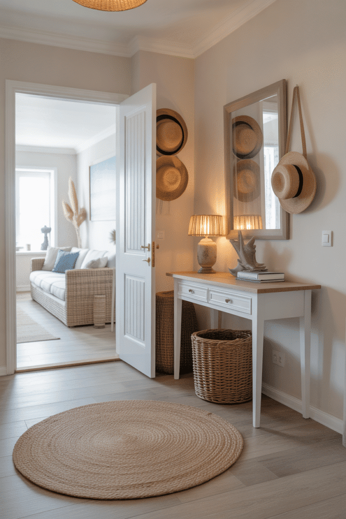Small jute rug in coastal apartment entryway.