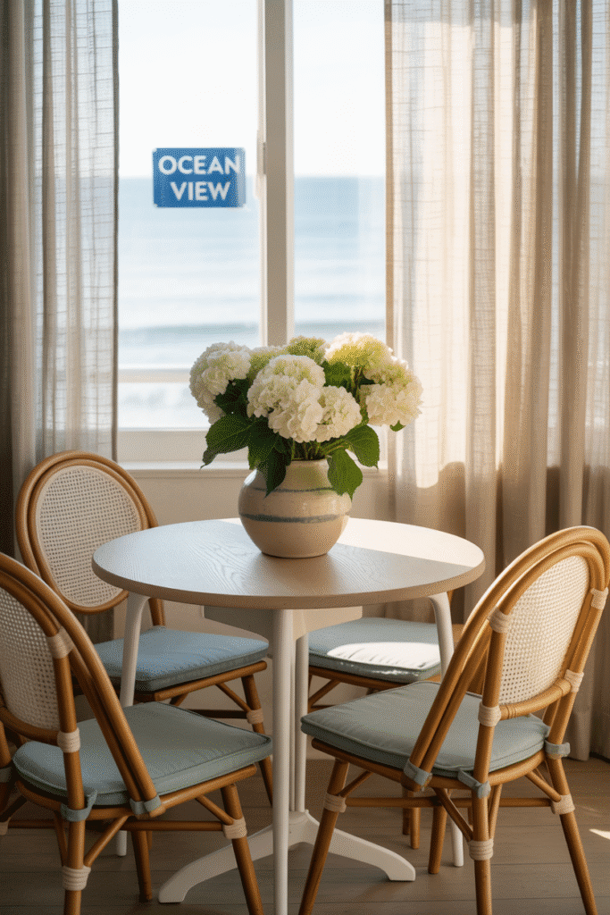 Stackable white bistro chairs in coastal apartment dining area.