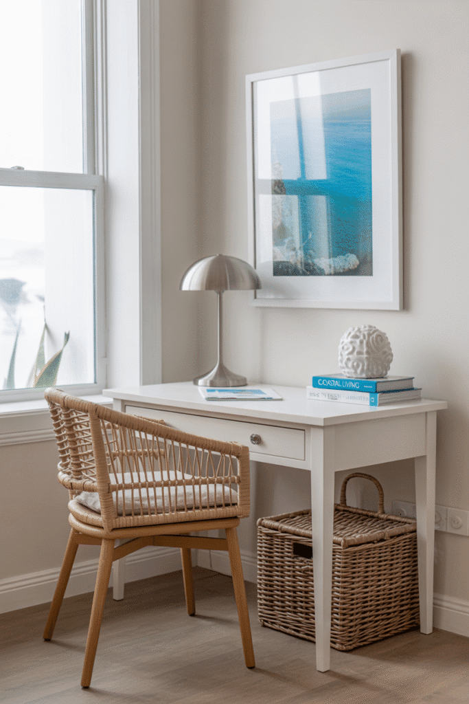 Mini coastal workspace in apartment with rattan chair and ocean art.