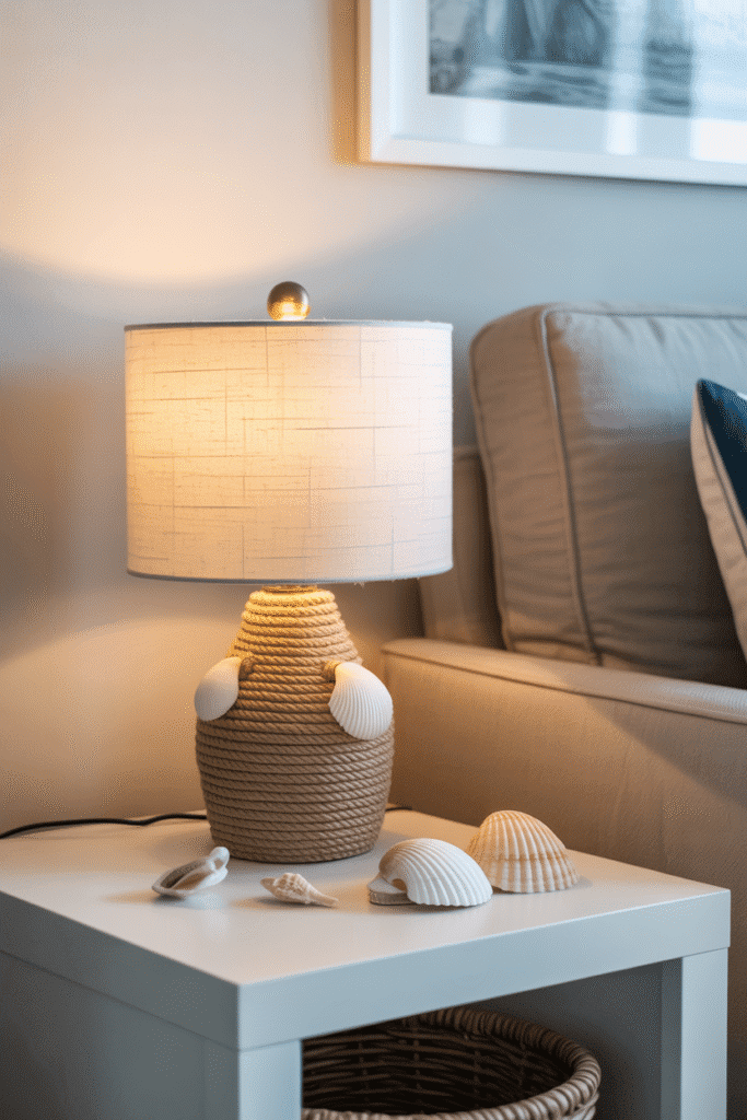 Small rope-base lamp with coastal accents in apartment décor.