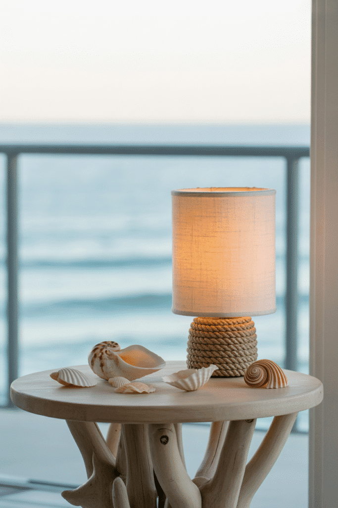 Small rope-base lamp with coastal accents in apartment décor.