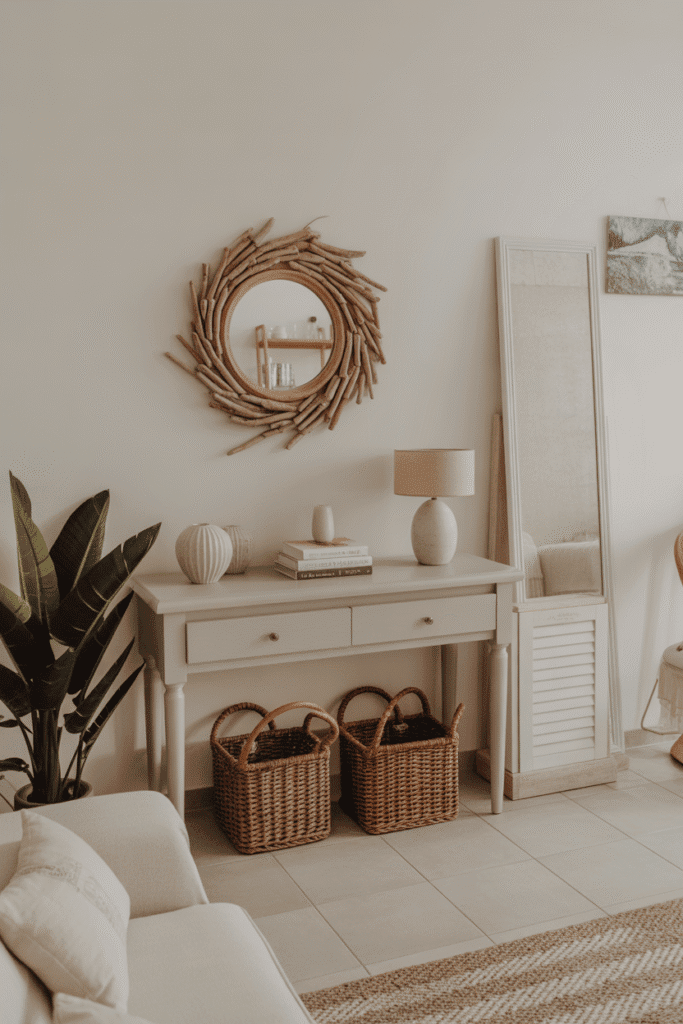 Small driftwood-framed mirror in coastal apartment living room.