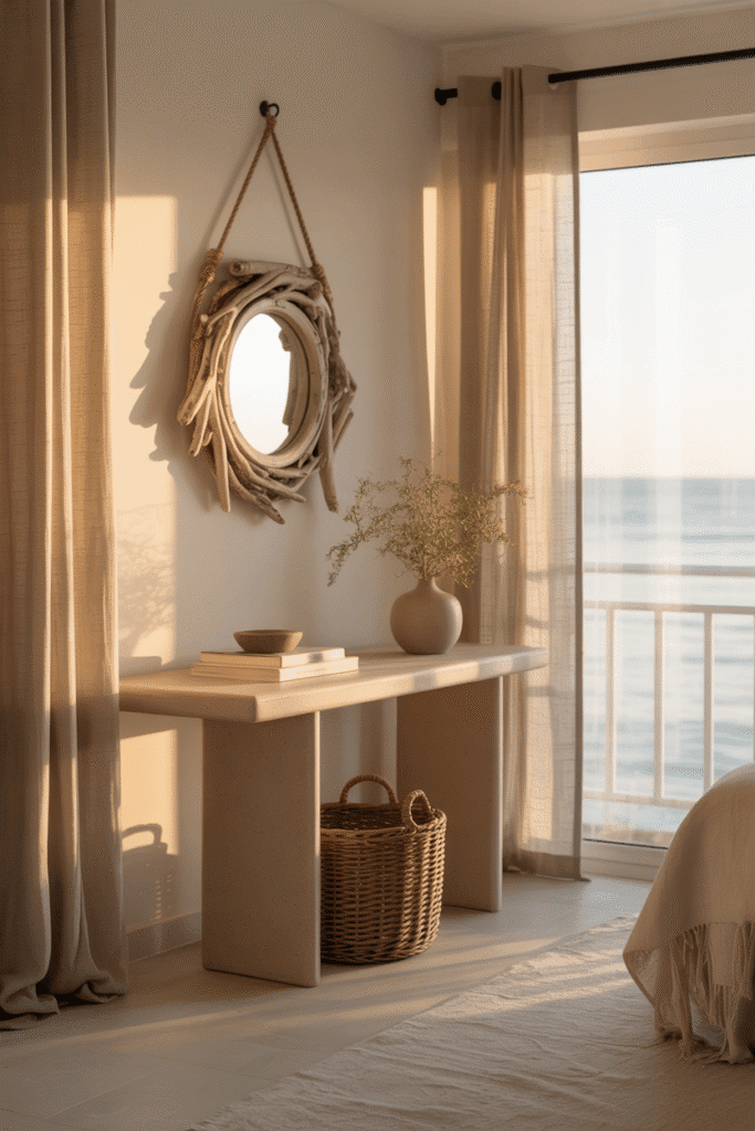 Small driftwood-framed mirror in coastal apartment living room.