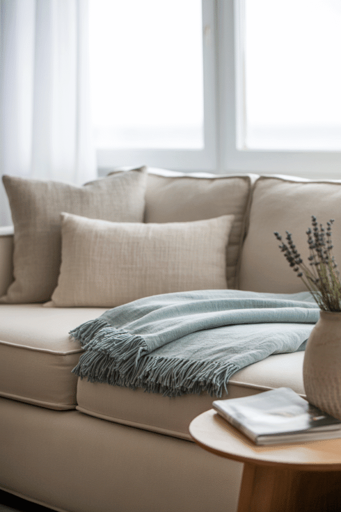 Ocean blue fringed throw on coastal apartment sofa.