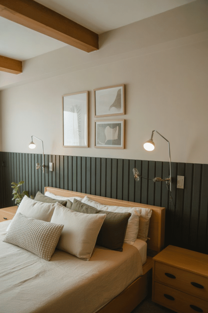 Half-wall board and batten painted dark green adds structured contrast in a cozy bedroom.